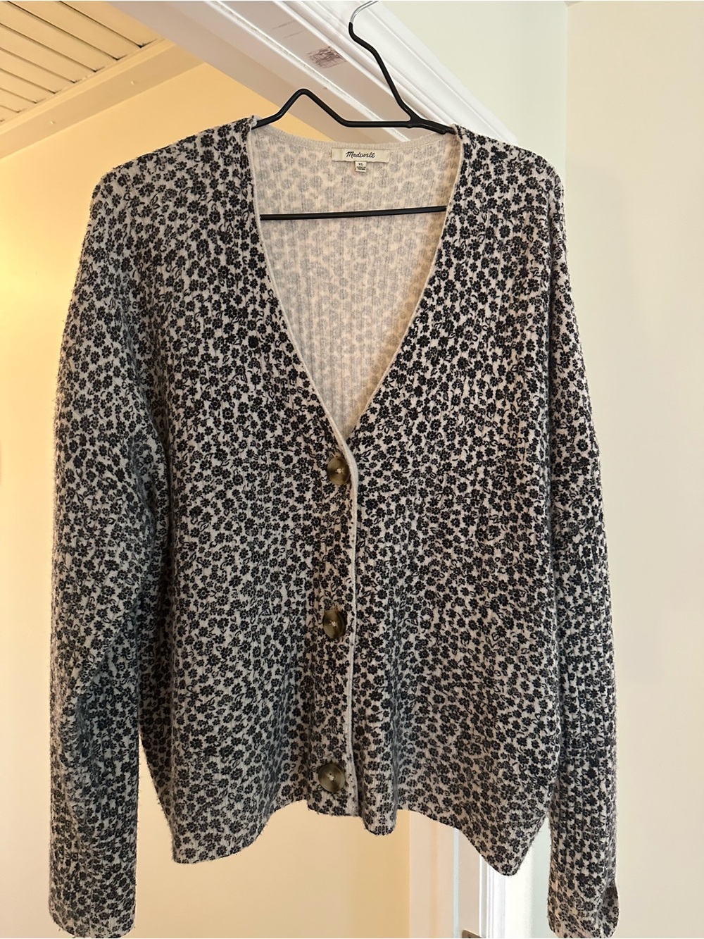 Madewell Black & Cream Floral Knit Cardigan with Tortoise Buttons